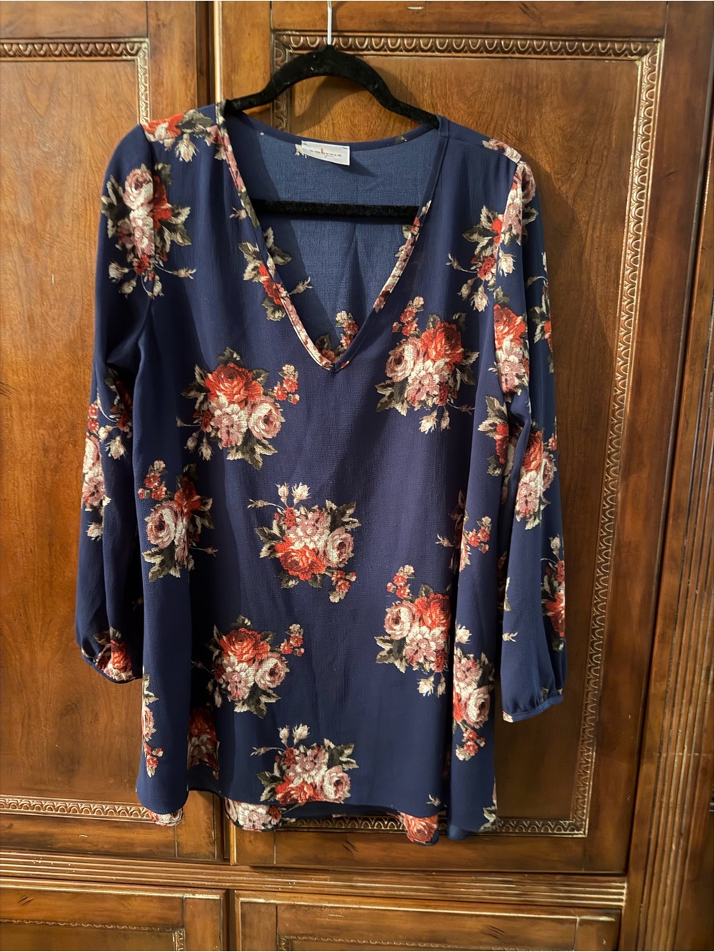 Floral V-Neck Women's Top - Navy with Red Rose Print